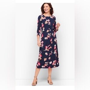 Talbots Navy Floral Midi Dress with Pink Bloom Print Cinched Knot Size 4P